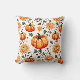 Festive Fall Pumpkins and Chrysanthemums Cushion