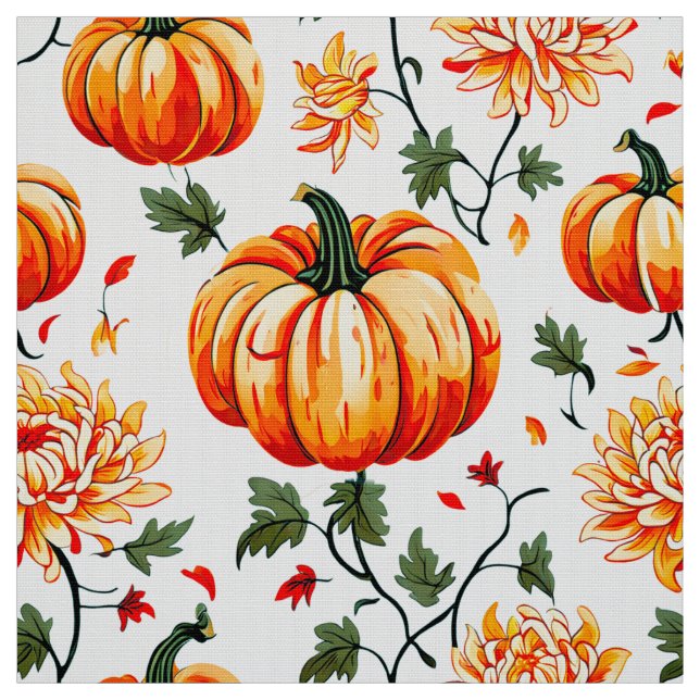 Festive Fall Pumpkins and Chrysanthemums Fabric (Swatch)