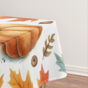 Festive Fall Pumpkins and Leaves on White  Tablecloth