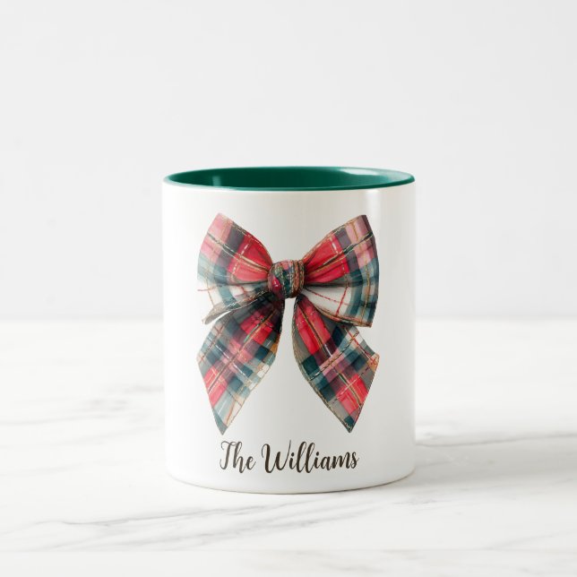 Festive Family Name Mug – Christmas Bow Accent (Center)