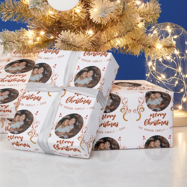 Festive Family Photo Red Foliage Merry Christmas Wrapping Paper (Holidays)