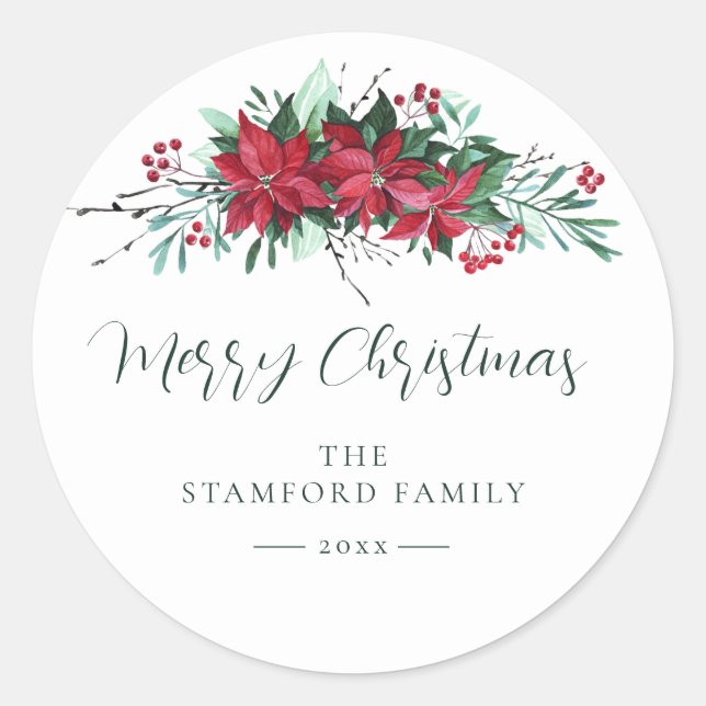Festive Family Poinsettia Christmas Holidays Classic Round Sticker (Front)