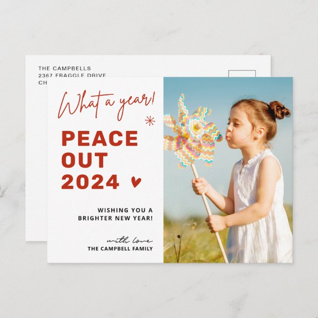 Festive Farewell Peace Out 2024 Christmas Photo Holiday Postcard (Front/Back)