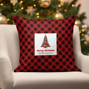 Festive Farmhouse Plaid Christmas Name Pillow