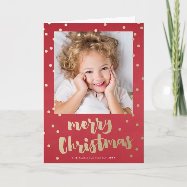 Festive faux foil confetti dot photo greeting card (Front)