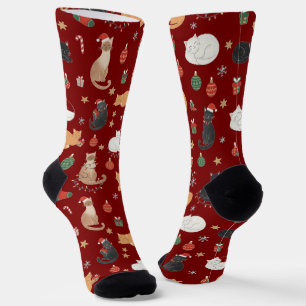 Festive Feline Christmas Holiday Pattern Socks