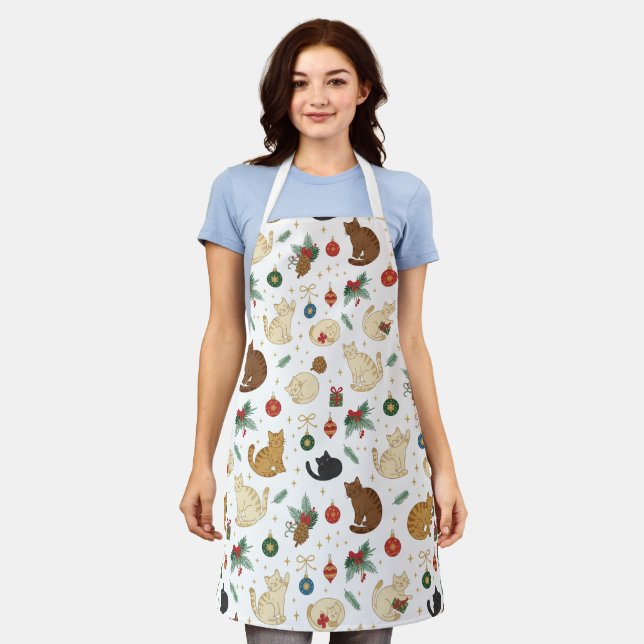 Festive Feline Christmas Pattern Apron (Worn)