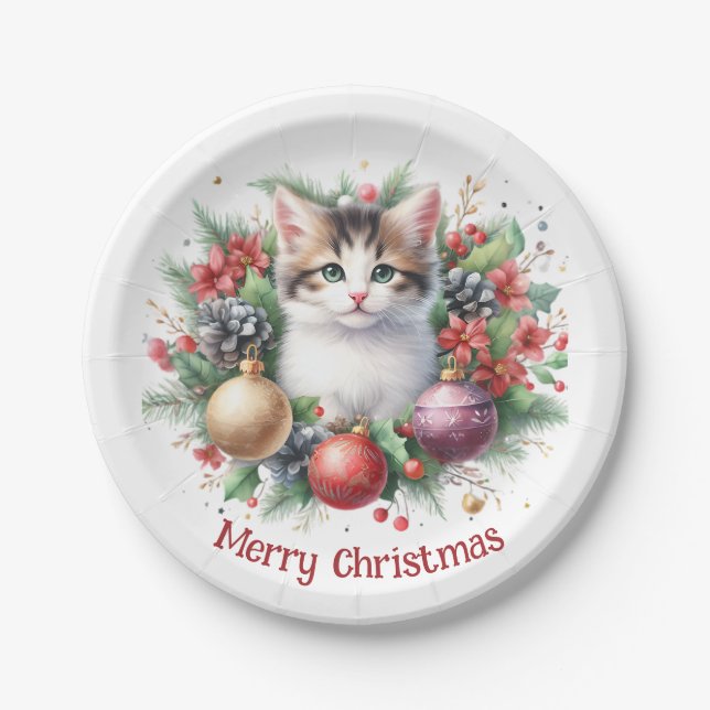 Festive Feline in a Holiday Wreath 5 -  Paper Plate (Front)