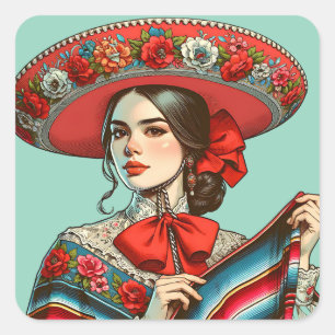 Festive Fiesta Mujer Mariachi Party Favor Square Sticker