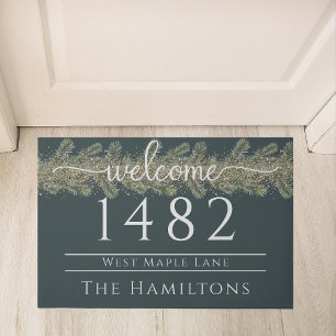 Festive fir branche Slate blue family name address Doormat