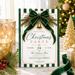 Festive Fir Branches Green Bow Gold Bell Christmas Invitation