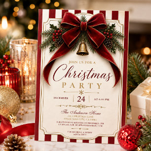 Festive Fir Branches Red Bow Gold Bell Christmas Invitation