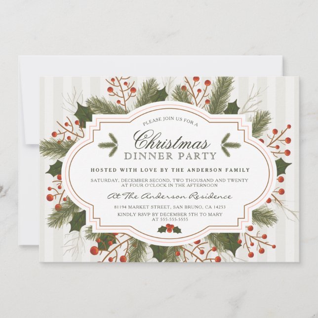 Festive Fir, Pine & Holly Christmas Dinner Party Invitation (Front)