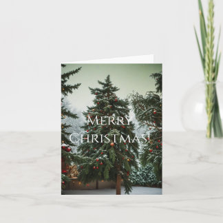 Festive fir trees decorated with garlands holiday card