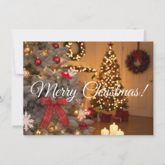 Festive fir trees decorated with garlands holiday card