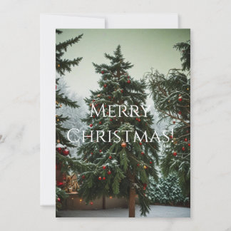 Festive fir trees decorated with garlands holiday card