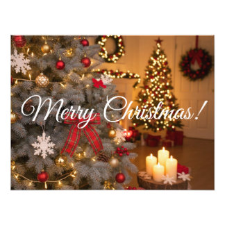 Festive fir trees decorated with garlands photo print