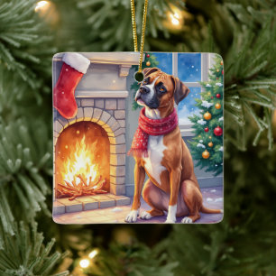 Festive Fireplace Boxer Christmas Art Ceramic Ornament