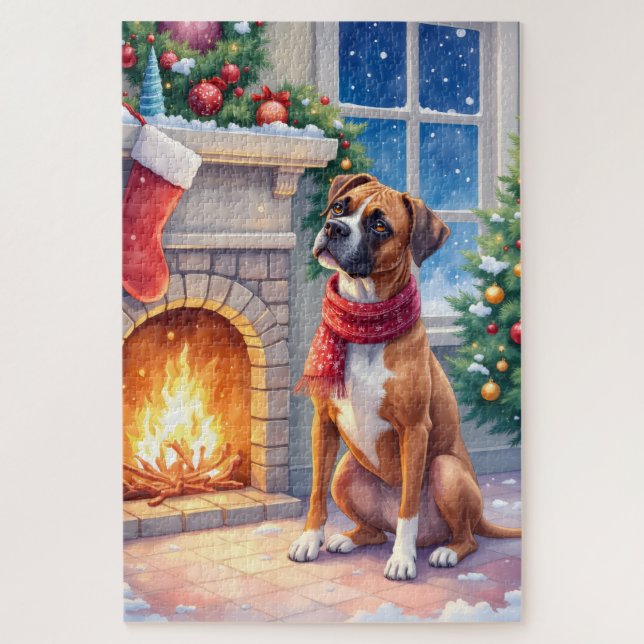 Festive Fireplace Boxer Christmas Art Jigsaw Puzzle (Vertical)