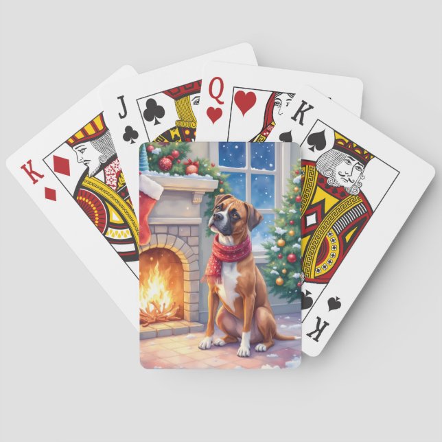 Festive Fireplace Boxer Christmas Art Playing Cards (Back)