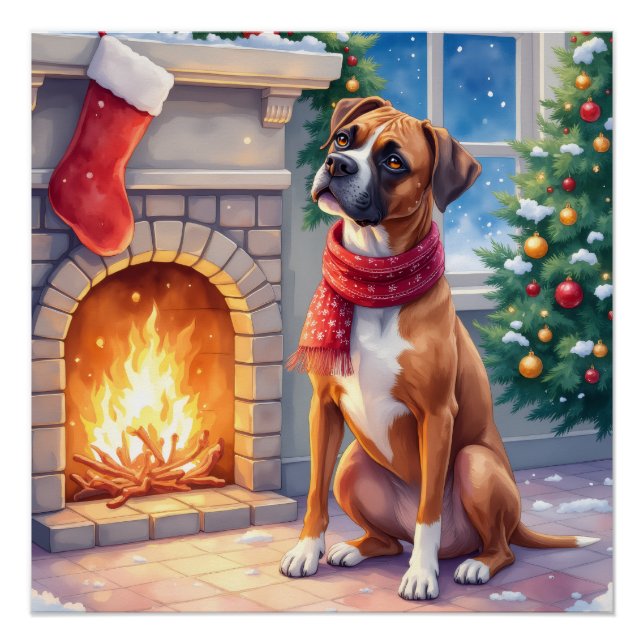 Festive Fireplace Boxer Christmas Art Poster (Front)