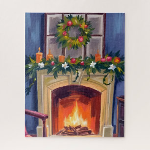 Festive Fireplace Christmas Wreath Watercolor Jigsaw Puzzle