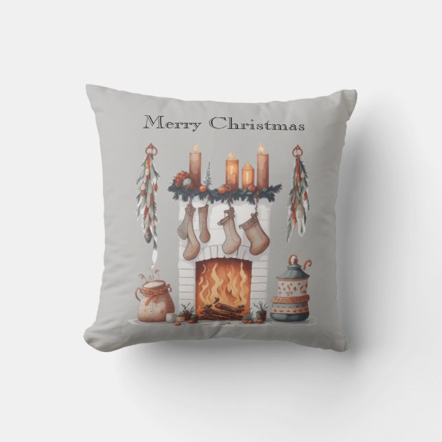 Festive fireplace Quote Merry Christmas Cushion (Front)
