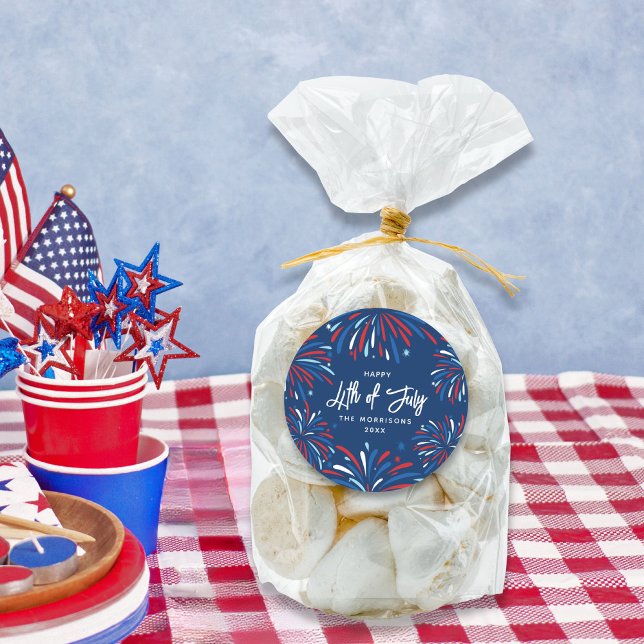 Festive Fireworks Custom 4th of July Party  Classic Round Sticker (Creator Uploaded)