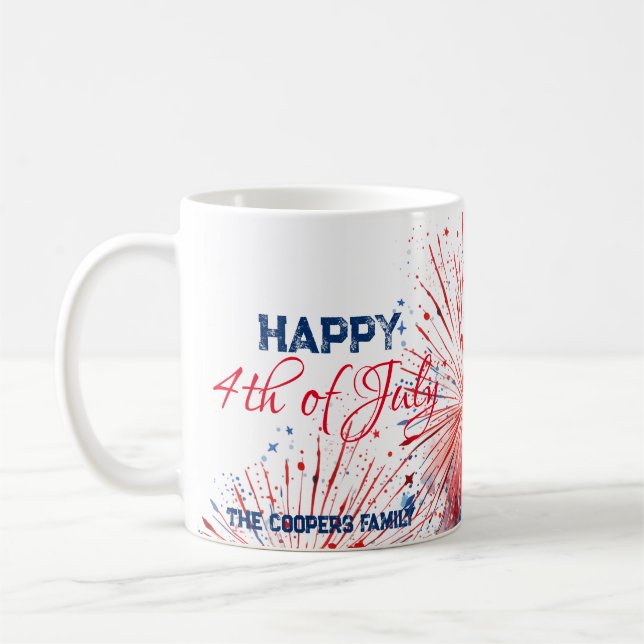 Festive Fireworks Happy 4th of July Custom Name Coffee Mug (Left)