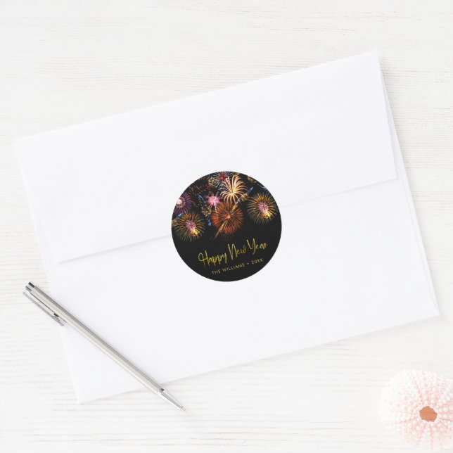 Festive Fireworks Happy New Year Classic Round Sticker (Envelope)