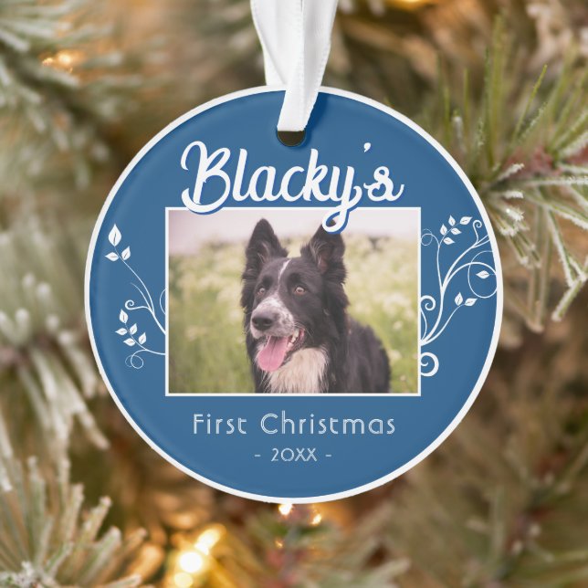 Festive First Christmas Puppy Foliage Blue Photo Ornament (Tree)