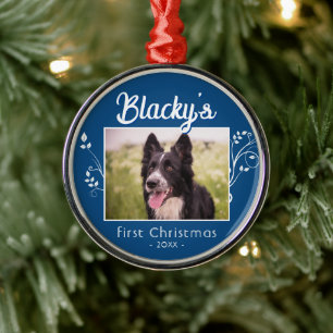 Festive First Christmas Puppy Photo Foliage Blue Metal Ornament