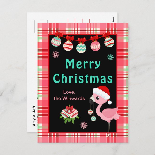 Festive Flamingo Merry Christmas Holiday Postcard (Front/Back)