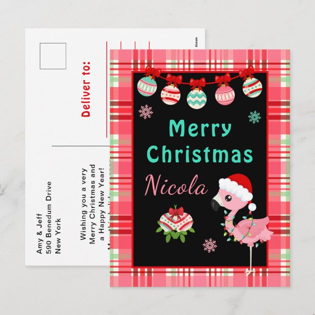 Festive Flamingo Merry Christmas with Name Holiday Postcard (Front/Back)