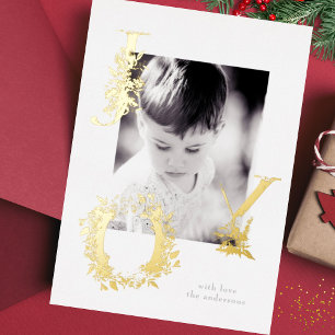 Festive Floral Alphabet Gold JOY Photo Foil Holiday Card