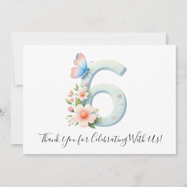 Festive Floral Butterfly Sixth Birthday Thank You  Card (Front)
