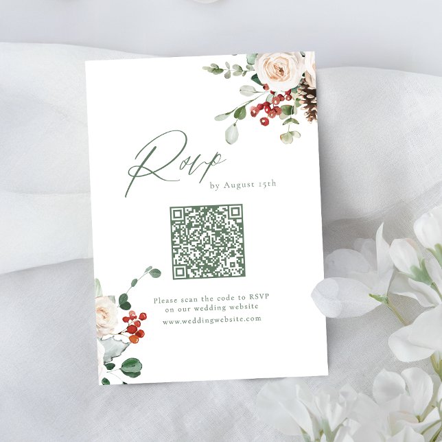 Festive Floral Holiday Winter Wedding QR code RSVP Card (Festive Floral Holiday Winter Wedding QR code RSVP Card)