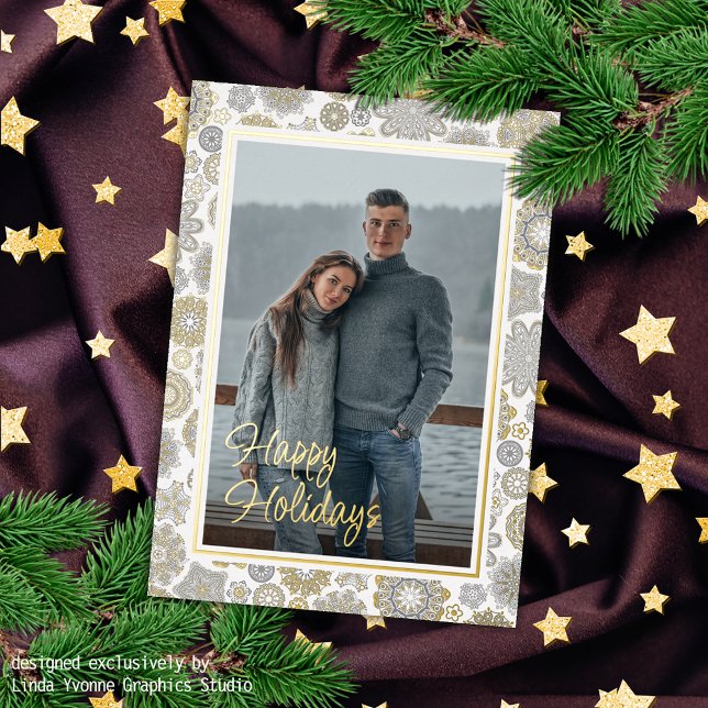 Festive Floral Mandala Snow Flakes Pattern Gold Foil Holiday Card (Creator Uploaded)