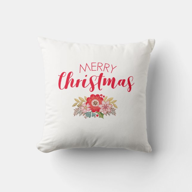 Festive Floral Merry Christmas Throw Pillow (Front)