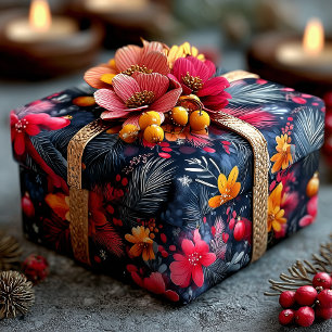 Festive Floral & Pine Christmas Pattern in Warm Wrapping Paper