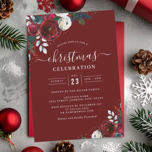 Festive Floral Red Christmas Party  Invitation (Creator Uploaded)