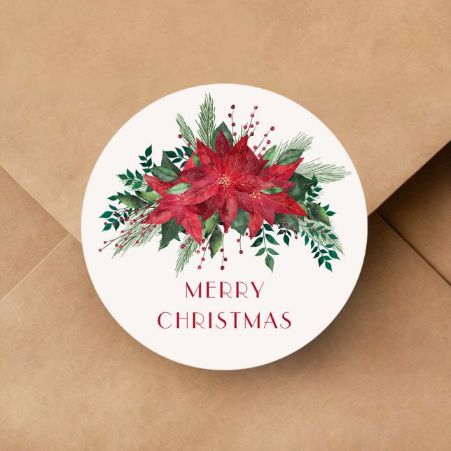 Festive Floral Red Poinsettia Merry Christmas Classic Round Sticker (Festive Floral Red Poinsettia Merry Christmas Classic Round Sticker)