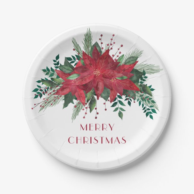Festive Floral Red Poinsettia Merry Christmas Paper Plate (Front)