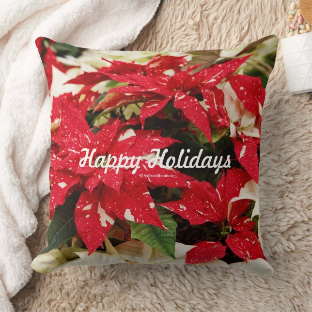 Festive Floral Red White Poinsettias Leaves Cushion (Blanket)