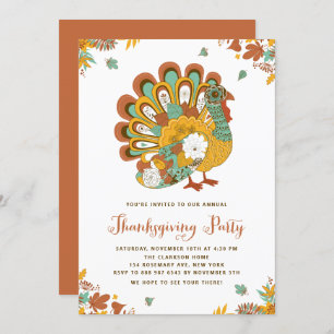 Festive Floral Turkey Thanksgiving Party Invitation