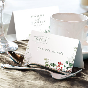 Festive Floral Winter Wedding Foldable Place Card