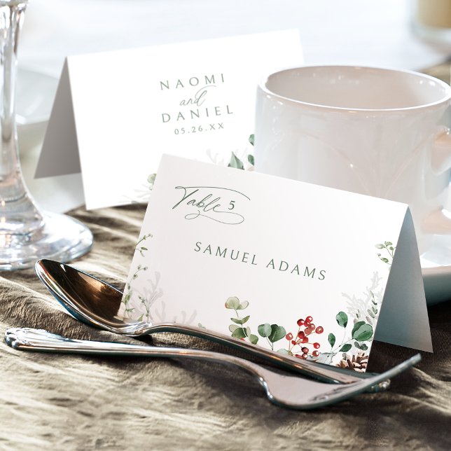Festive Floral Winter Wedding Foldable Place Card (Festive Floral Winter Wedding Foldable Place Card)
