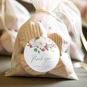 Festive Floral Winter Wedding thank you favours Classic Round Sticker