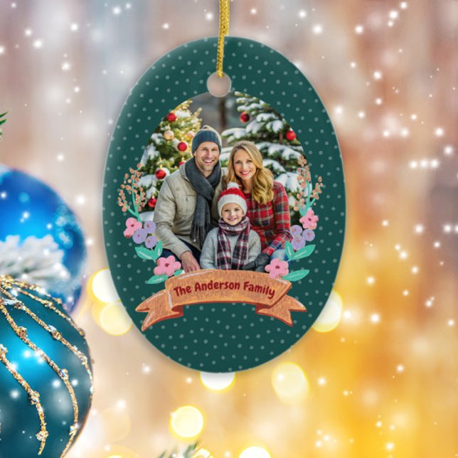 Festive Floral Wreath Christmas Green Photo Ceramic Ornament (Creator Uploaded)