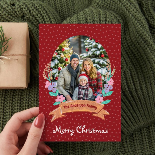 Festive Floral Wreath Christmas Red Photo Holiday Card (Creator Uploaded)